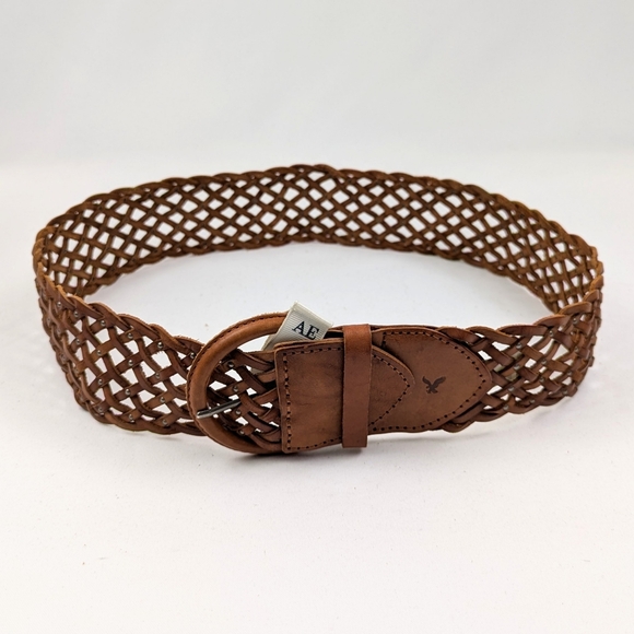 American Eagle Wide Leather Belt Woven Studded Braided Boho Cognac Brown S/M NWT - Picture 1 of 9